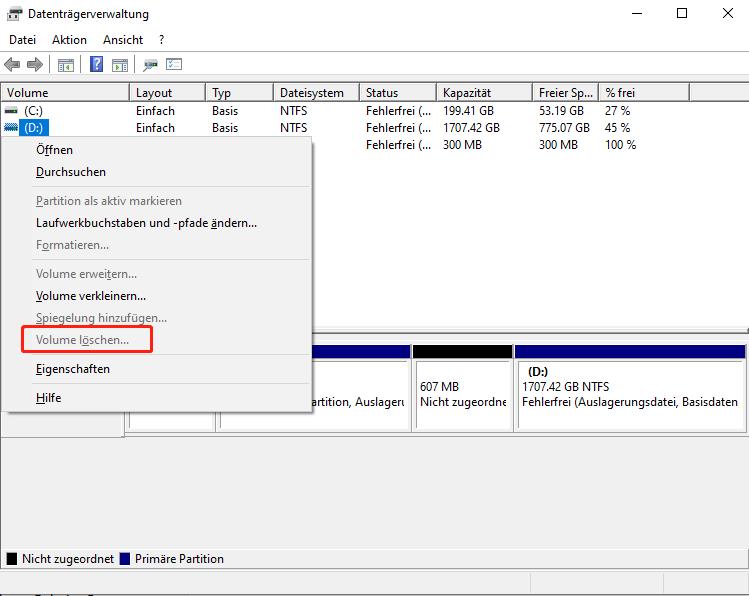 Volume D löschen in Datenträgerverwaltung