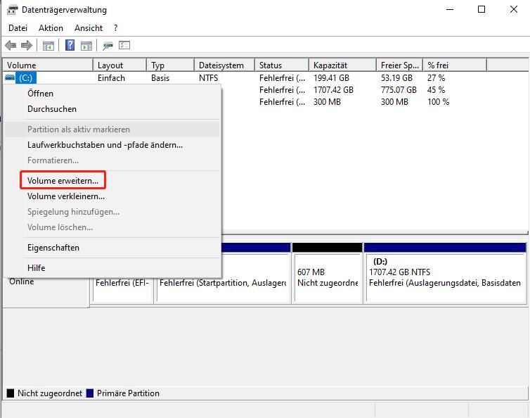 Volume erweitern Option in Windows 11