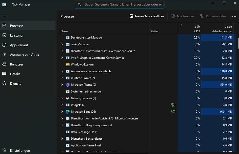 Prozesse im Windows 11 Task-Manager nach Arbeitsspeicher sortieren