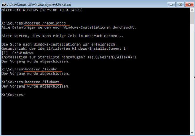 BCD mit dem Befehl bootrec rebuildbcd in WinRE reparieren