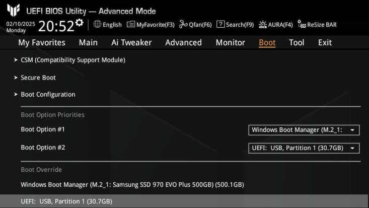 Windows Boot Manager in der UEFI-Bootreihenfolge auswählen