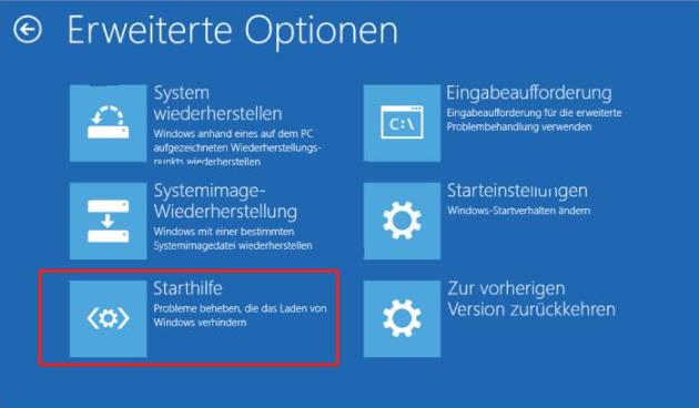 Windows-Starthilfe in der Wiederherstellungsumgebung WinRE öffnen
