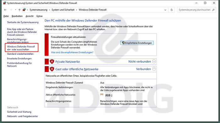 windows defender firewall ein- oder ausschalten