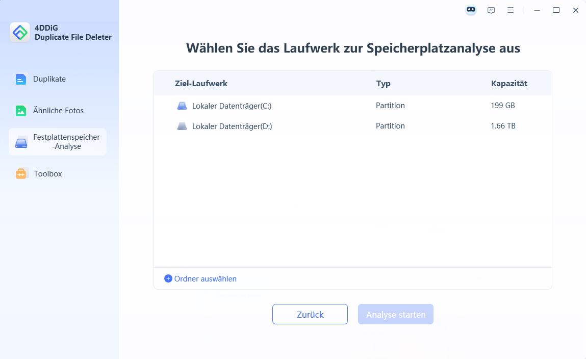 Laufwerk zur Speicherplatzanalyse auswählen