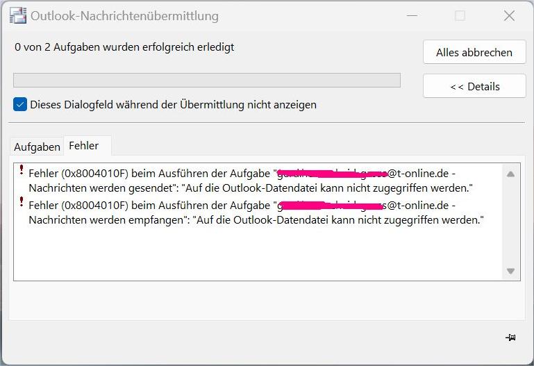 0x8004010f Outlook-Datendatei kann nicht aufgerufen werden