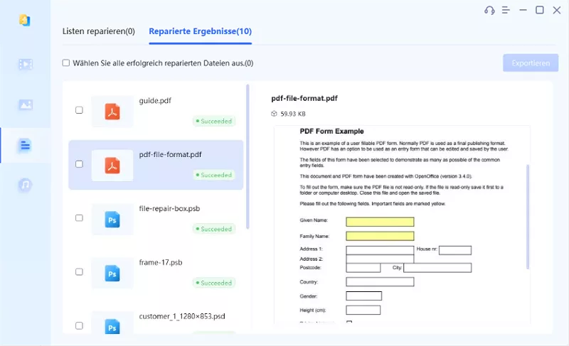 Vorschau reparierter PDF-Dateien