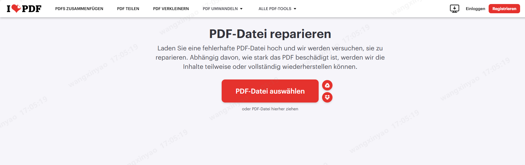 Ilovepdf pdf-Datei auswählen