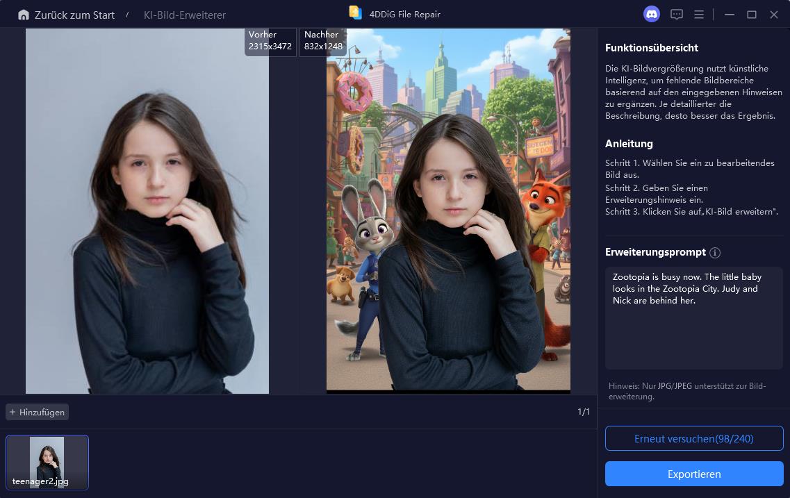 Fertiges Zoomania KI Bild exportieren