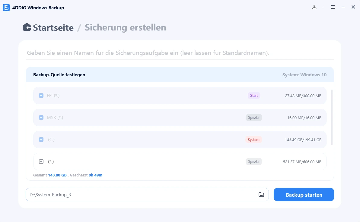 Partitionen und Ziel für das Windows-Backup auswählen