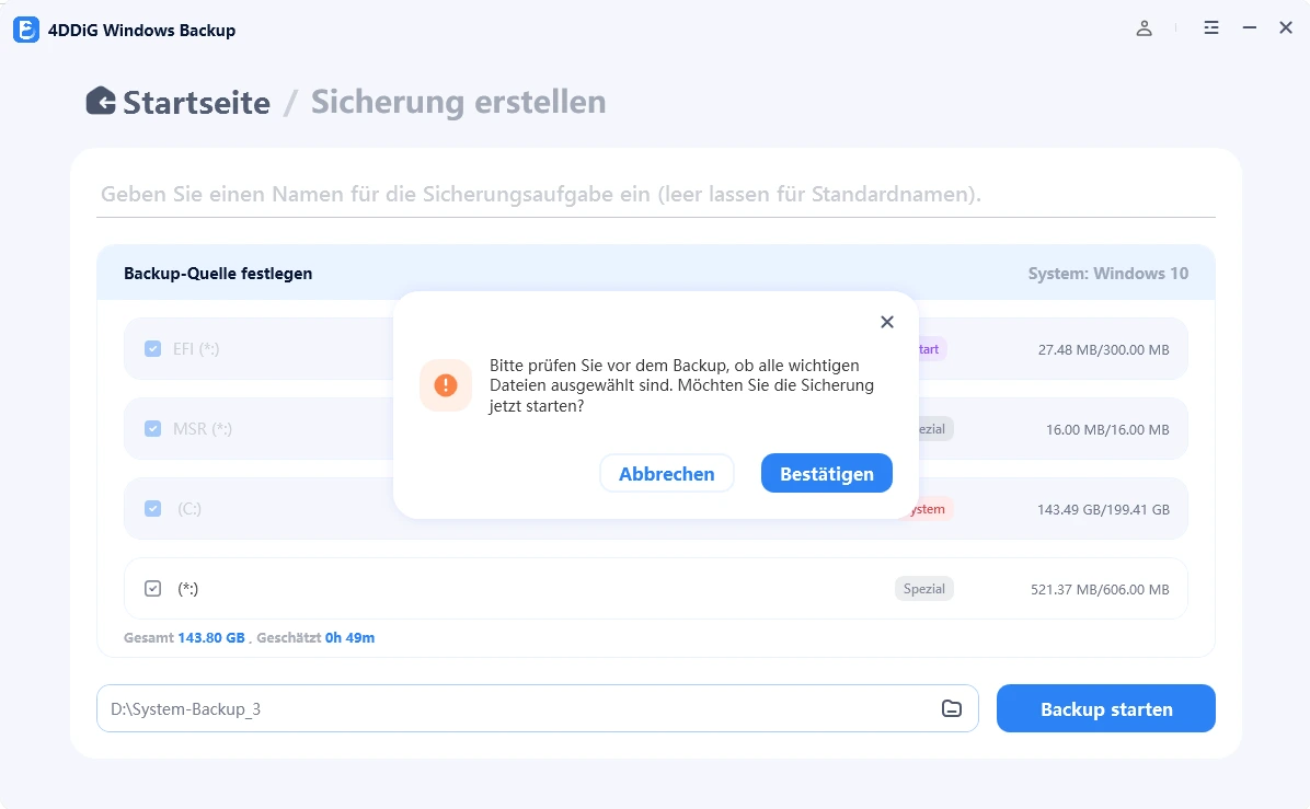 Sicherung mit 4DDiG Windows Backup starten und bestätigen