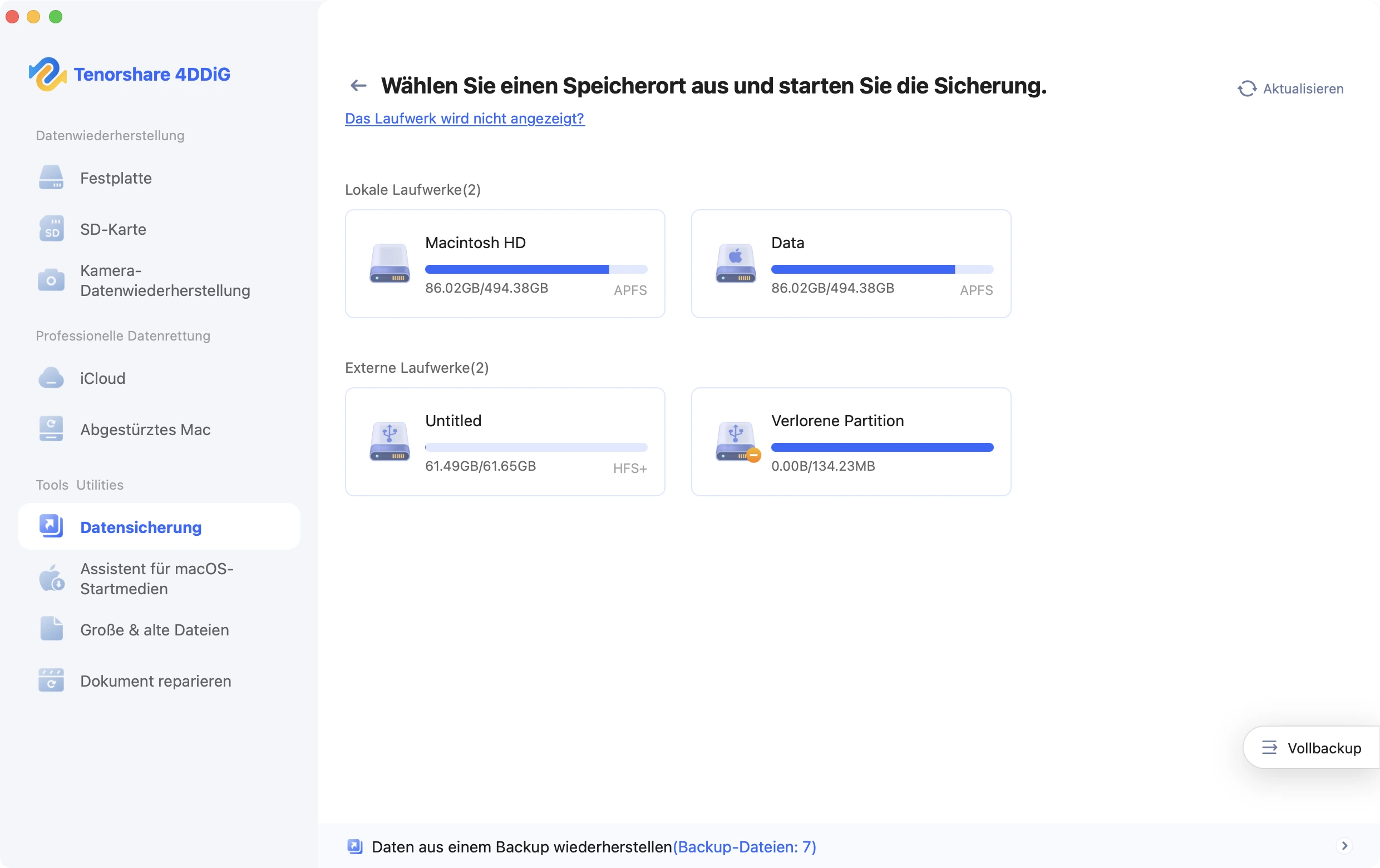 Festplatte zum Sichern auswählen