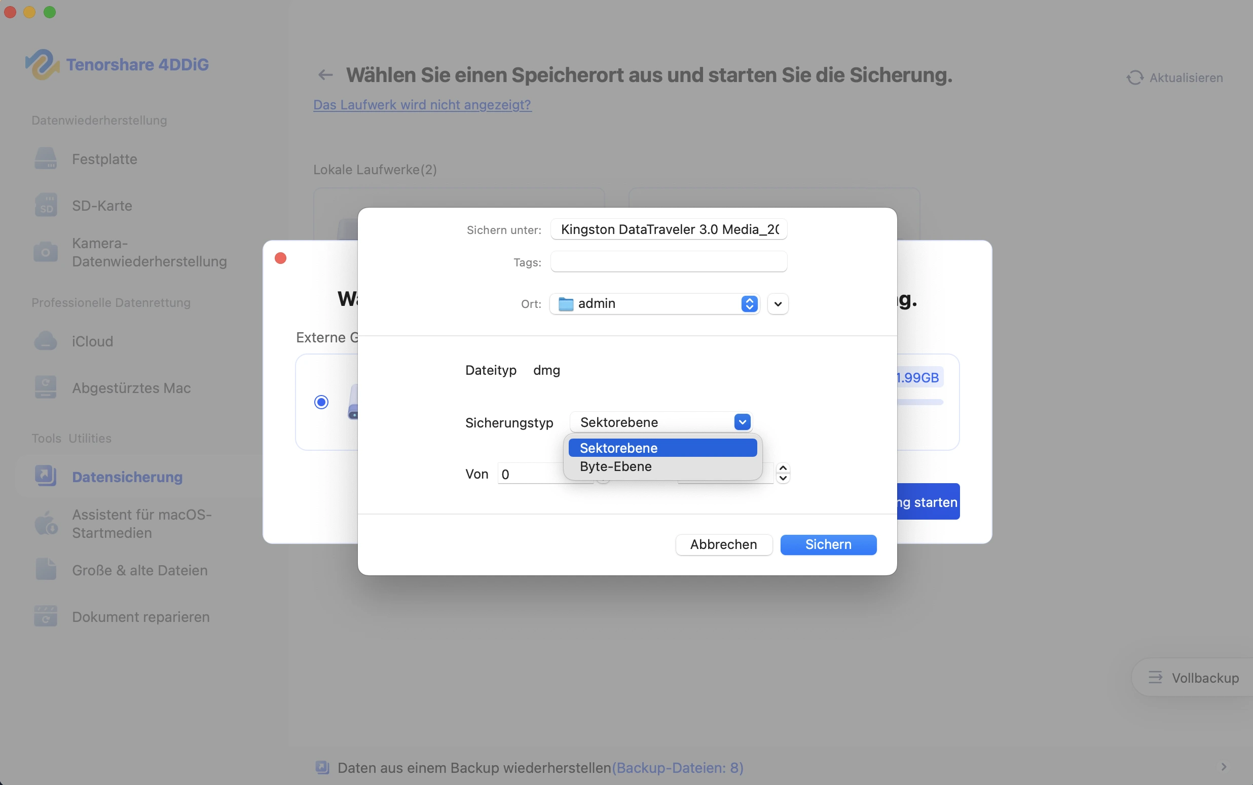 Sicherungstyp auswählen