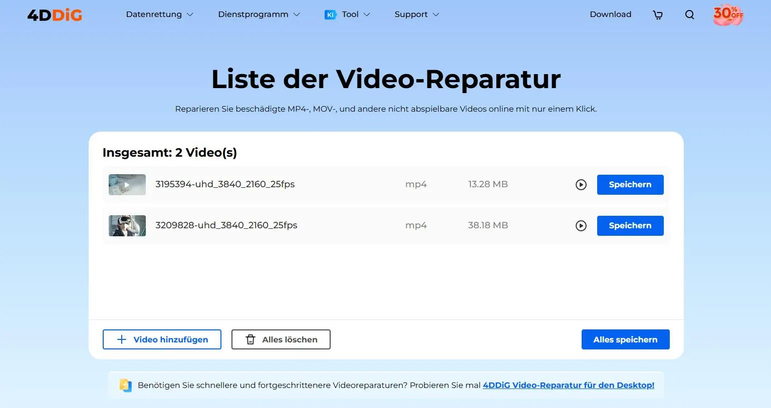 Vorschau und Download eines reparierten mp4-Videos
