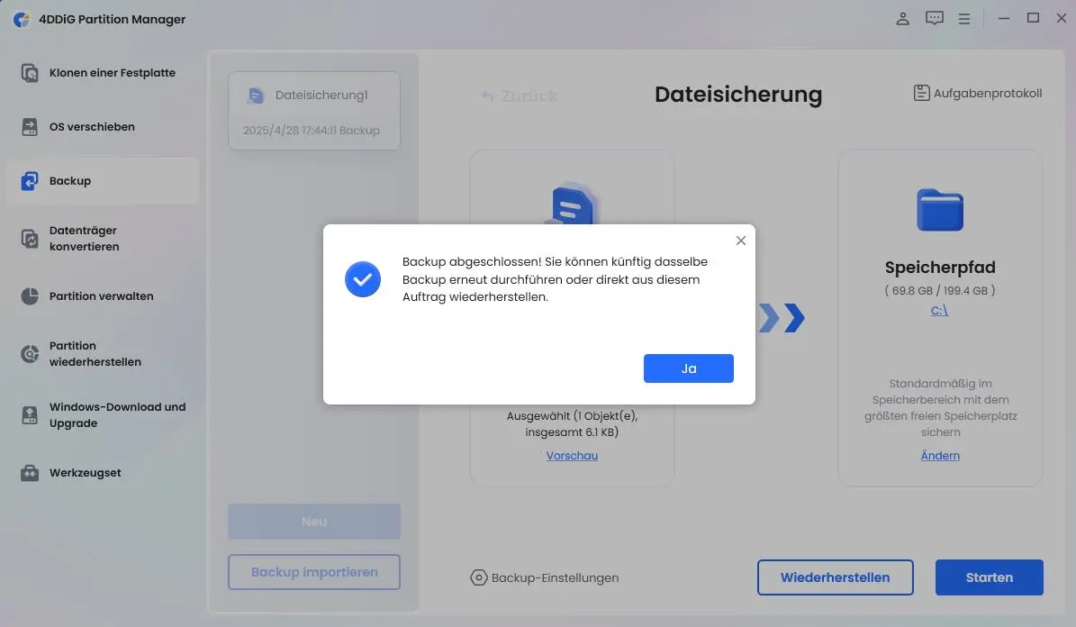 Dateisicherung mit 4DDiG Partition Manager erfolgreich abgeschlossen