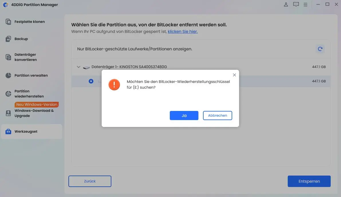 BitLocker entfernen oder entsperren bestätigen