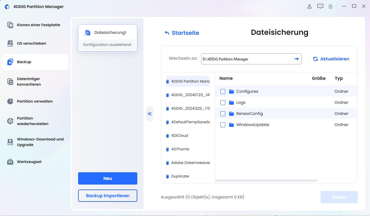 freigegebene ordner zur sicherung auswählen