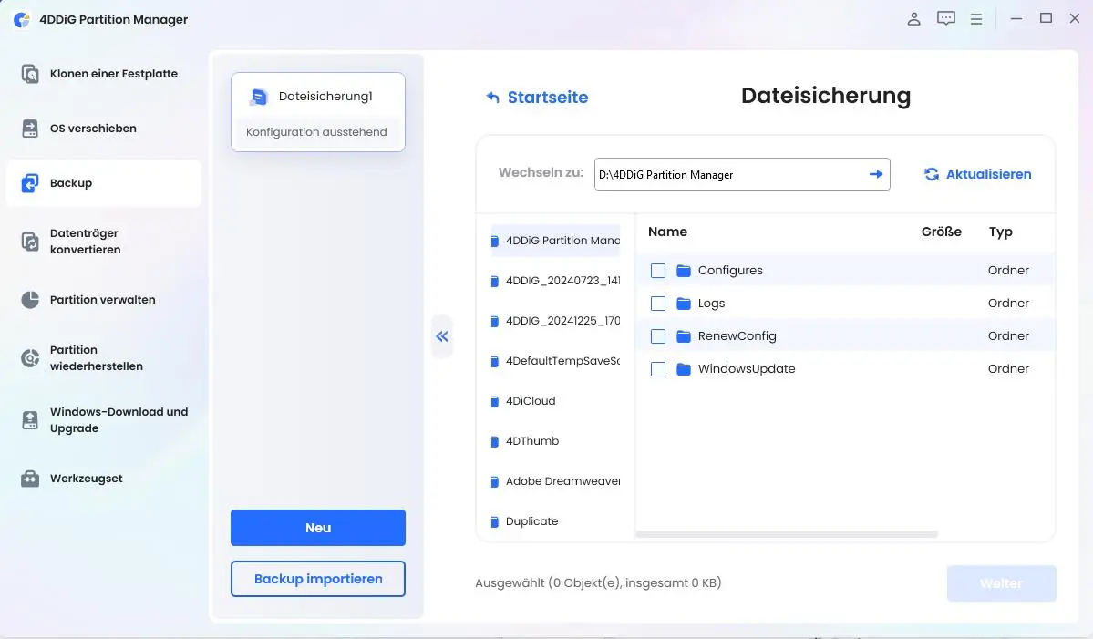 Dateien zum Sichern auswählen