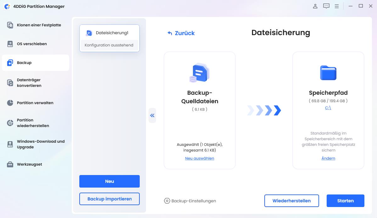 Speicherpfad auswählen und Backup-Einstellungen anpassen