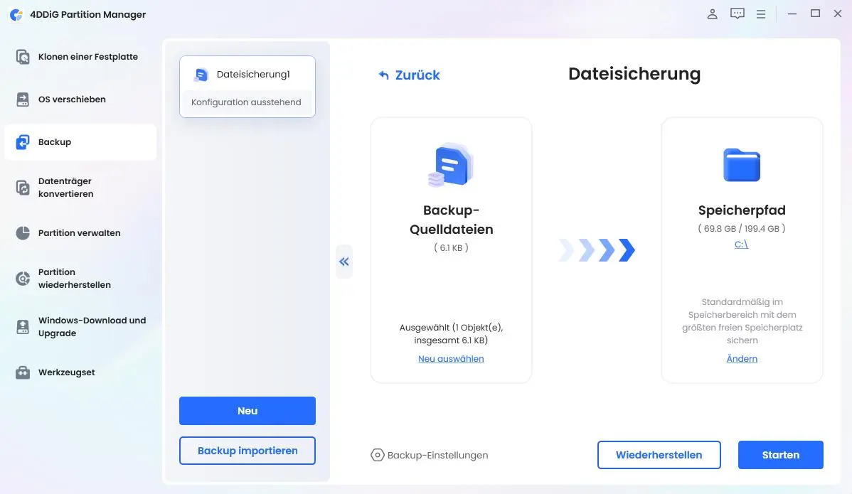 Speicherpfad für die Dateisicherung auswählen und Backup mit 4DDiG starten