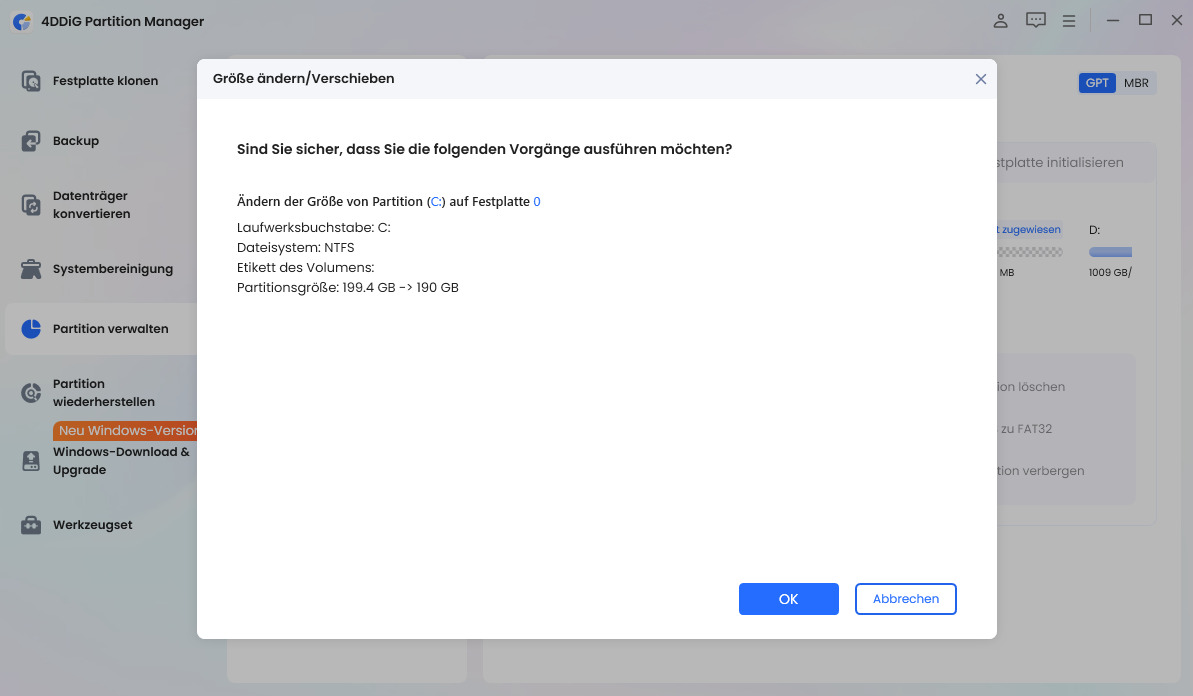 Größenänderung des C-Laufwerks starten