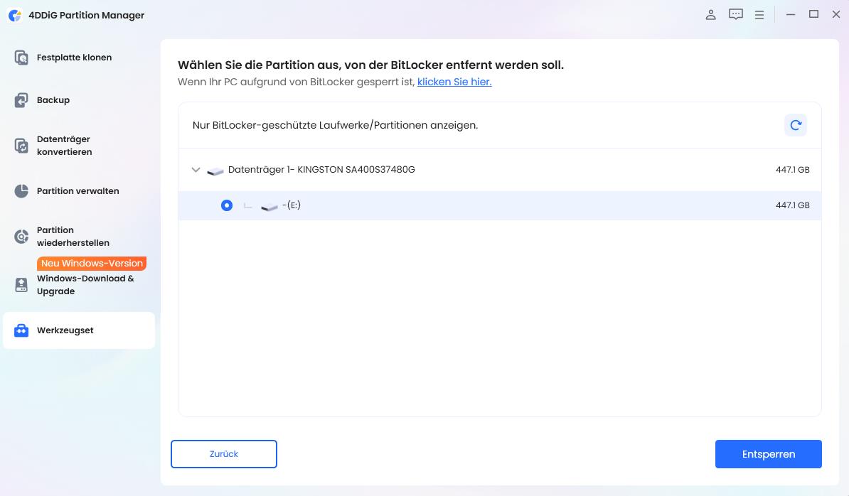 Partition zum Entsperren von BitLocker auswählen