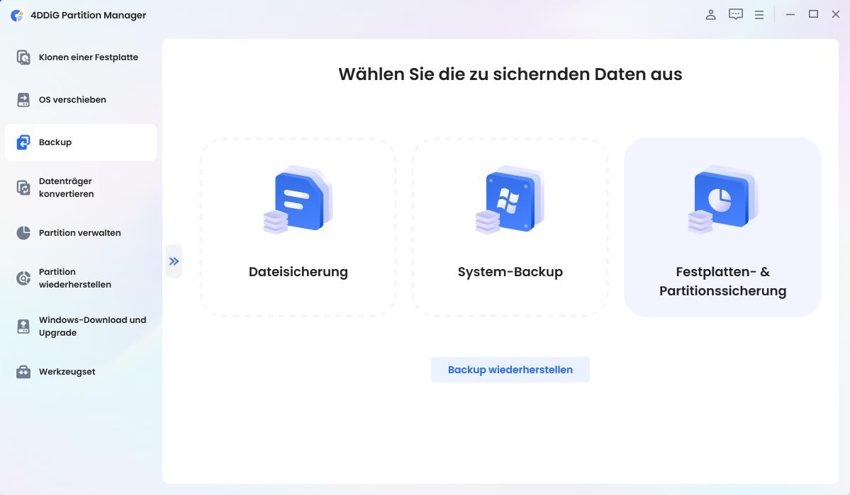 Festplatten-Partitions-Backup von 4DDiG auswählen