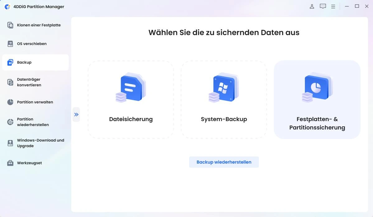 Festplatten- oder Partitionssicherung auswählen