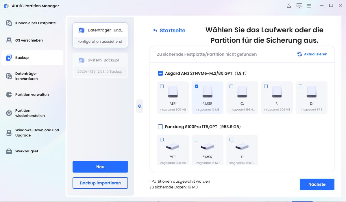 SSD-Festplatte oder Partition zum Sichern auswählen