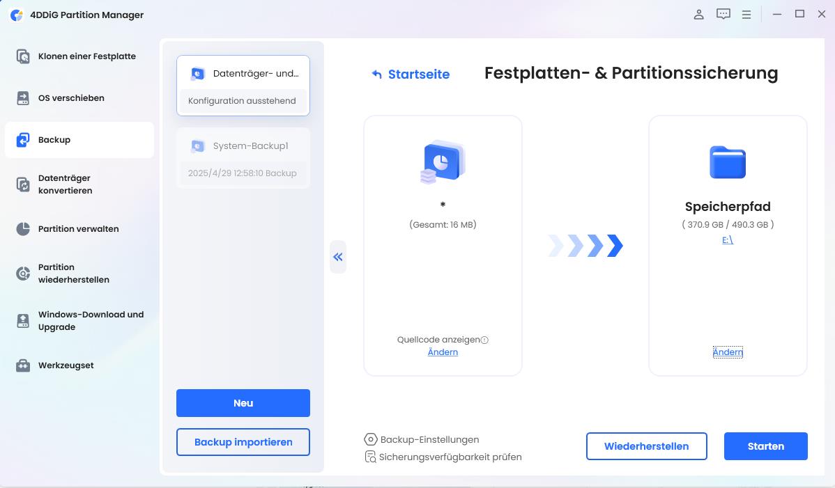Backup-Einstellungen bestätigen