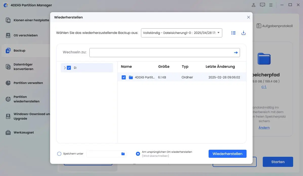 Wählen Sie die Dateisicherung zum Wiederherstellen aus