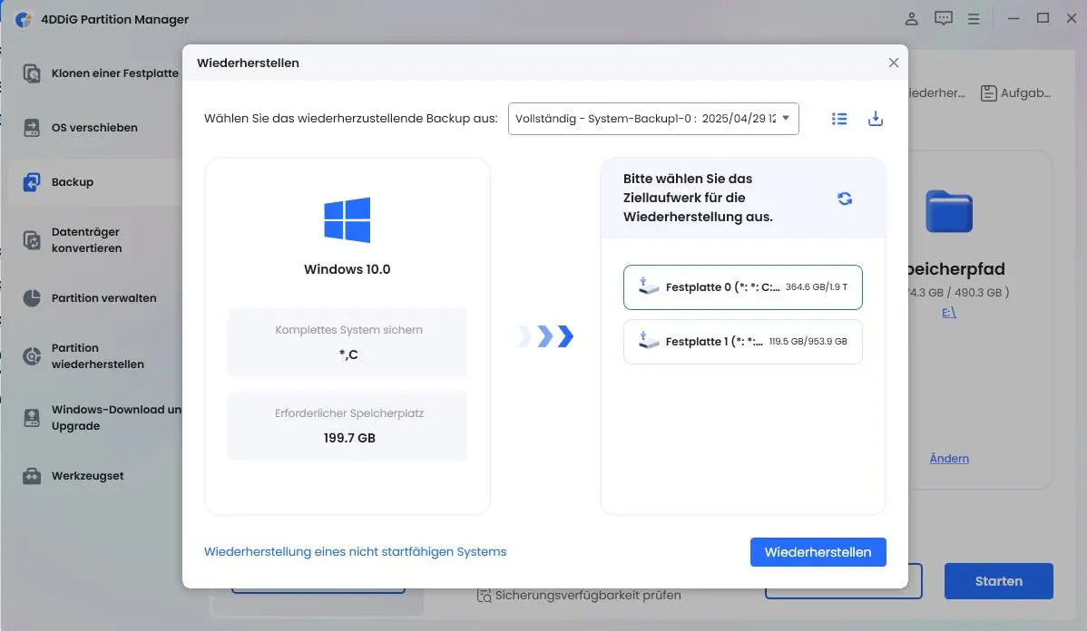Wählen Sie das Backup und das Ziel-Laufwerk zur Wiederherstellung aus