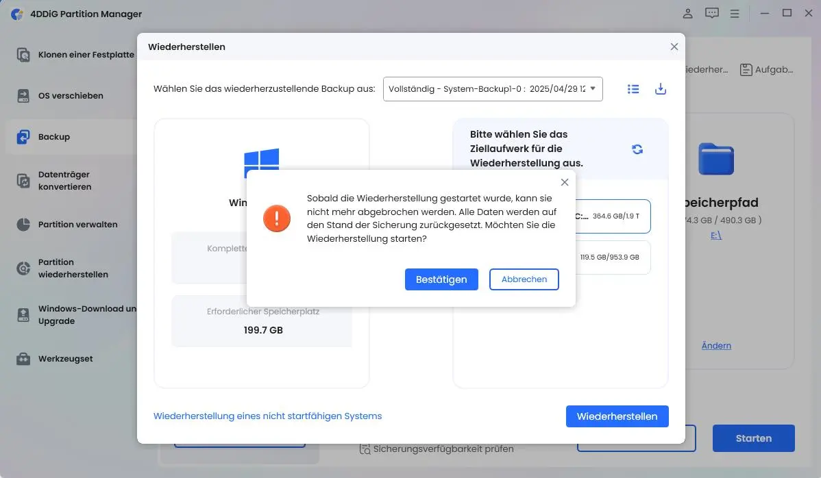 Bestätigen Sie, um mit der Wiederherstellung zu beginnen