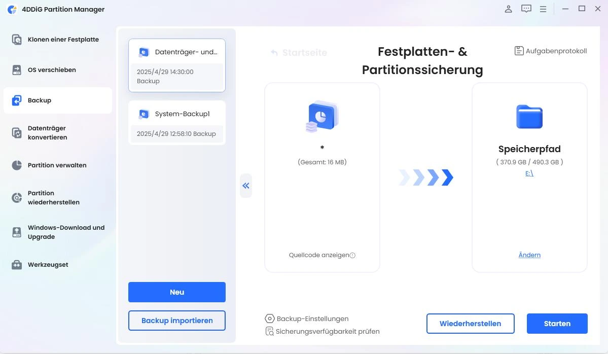 Wiederherstellung aus Festplatten- oder Partitionssicherung