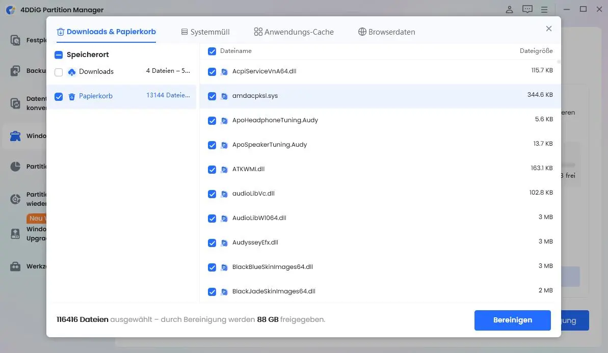 Dateien zur Bereinigung auswählen