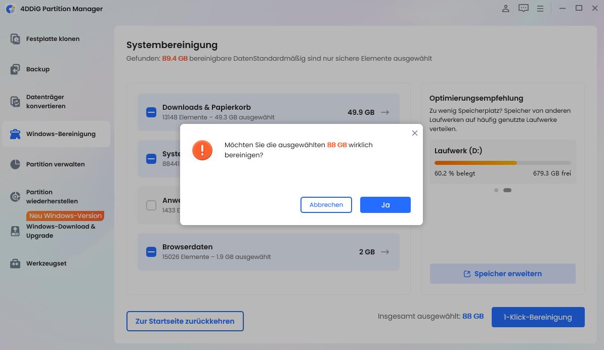 Bereinigung von Junk-Dateien bestätigen