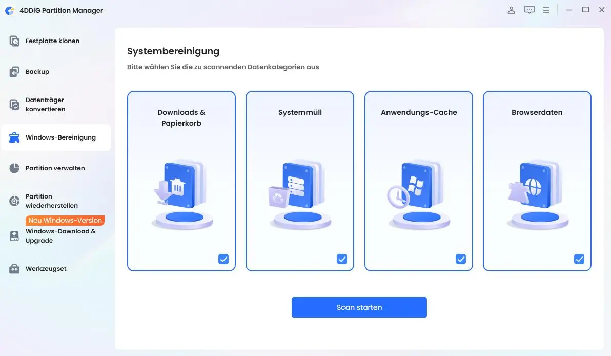 Zu bereinigende Junk-Dateitypen auswählen