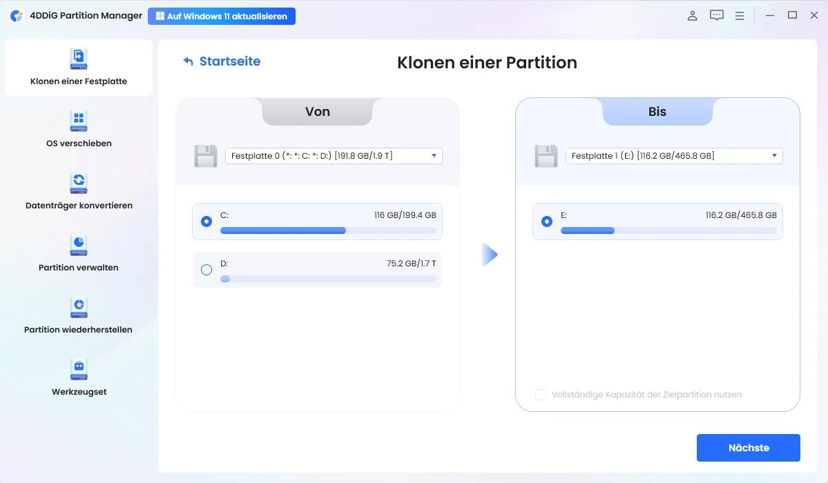 Wählen Sie eine Quellpartition aus