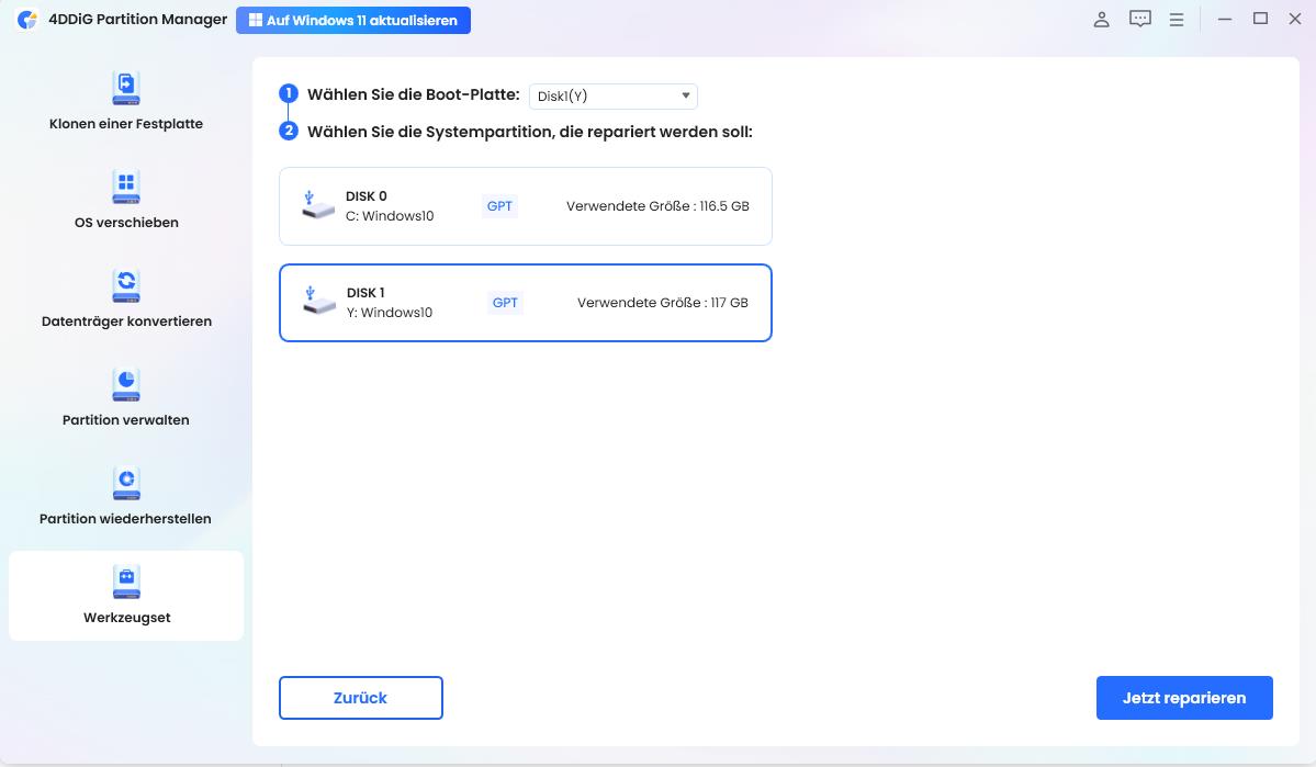 Bootdiskette reparieren auswählen