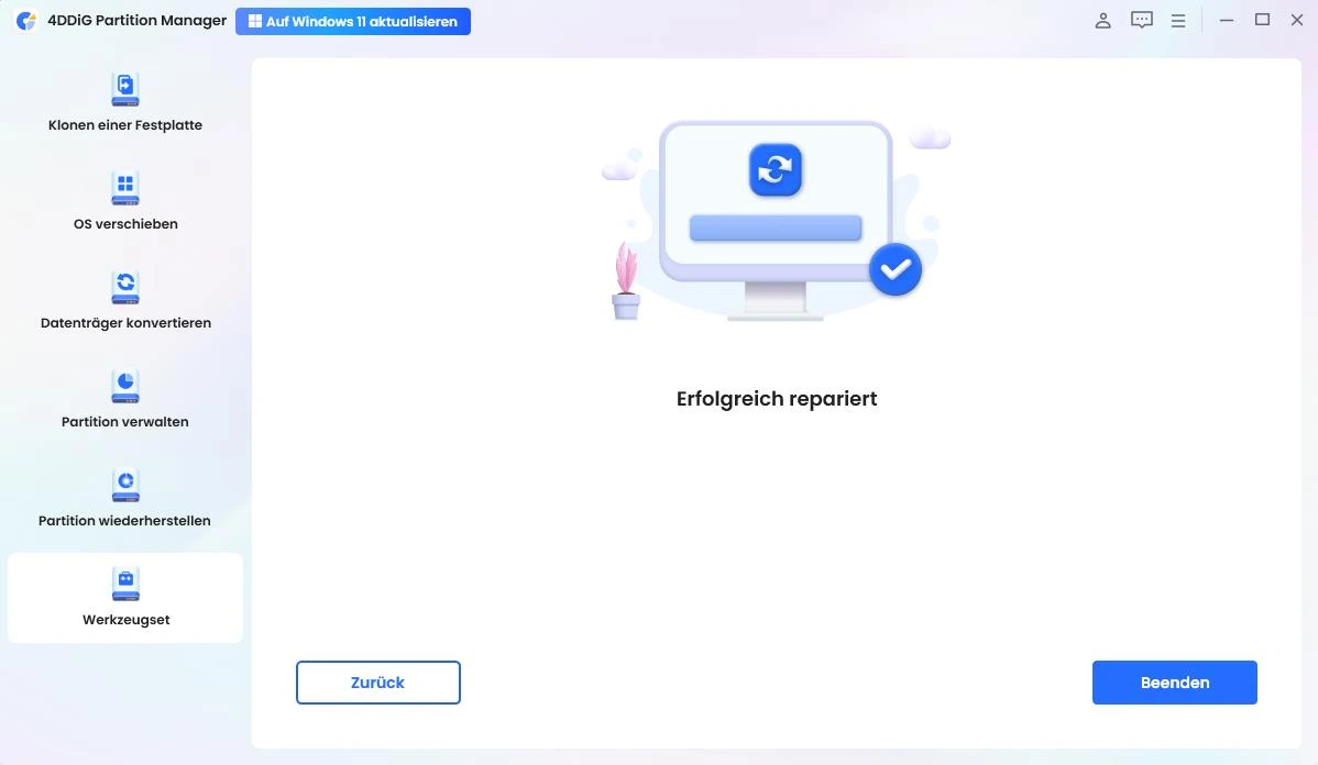 Meldung über die erfolgreich abgeschlossene Boot-Reparatur in 4DDiG Partition Manager