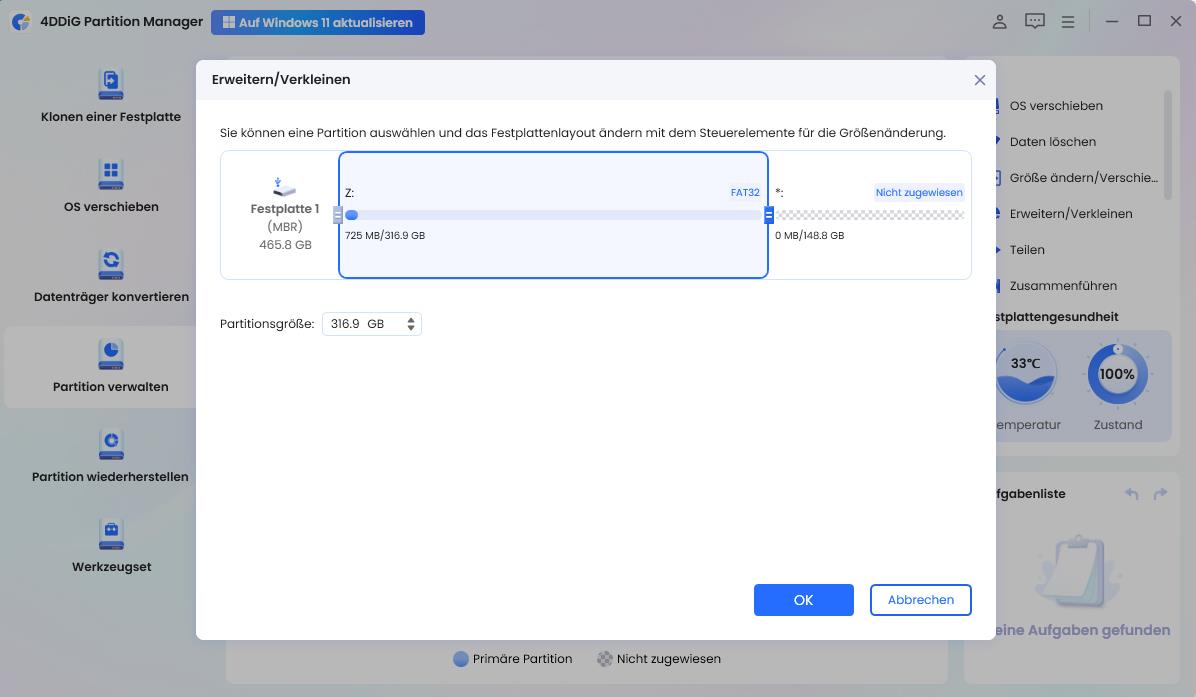 Größenänderung der WinRE-Partition starten