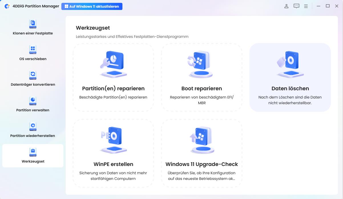 wählen sie daten löschen zum löschen der festplatte