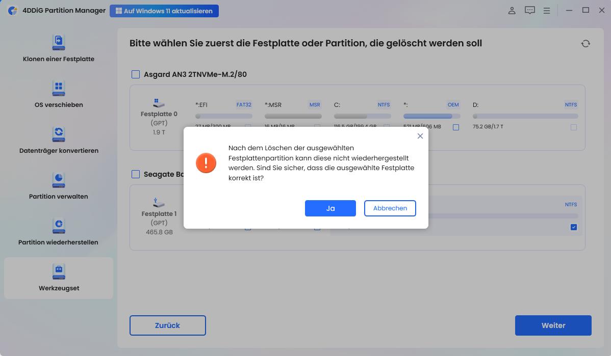 auf sicher klicken um festplattenlöschung zu starten