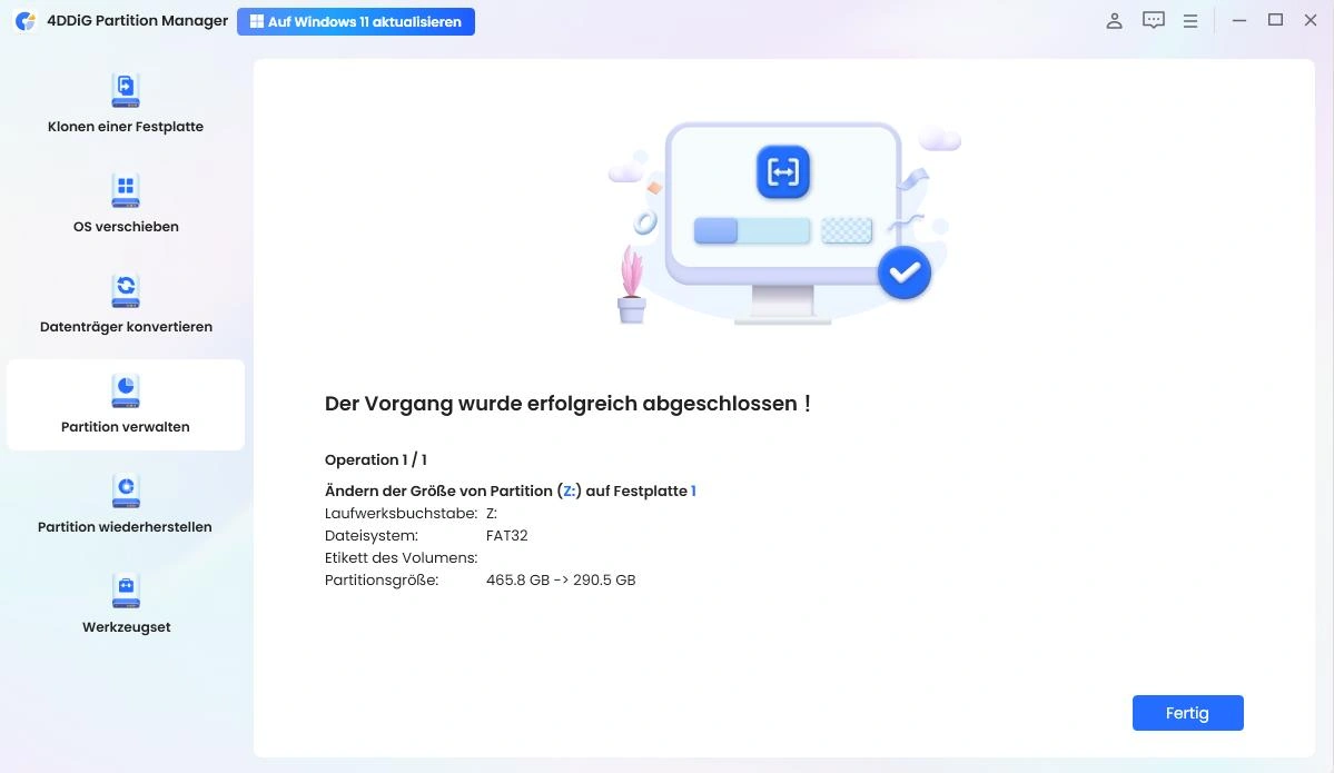Größenänderung der Partition erfolgreich abgeschlossen
