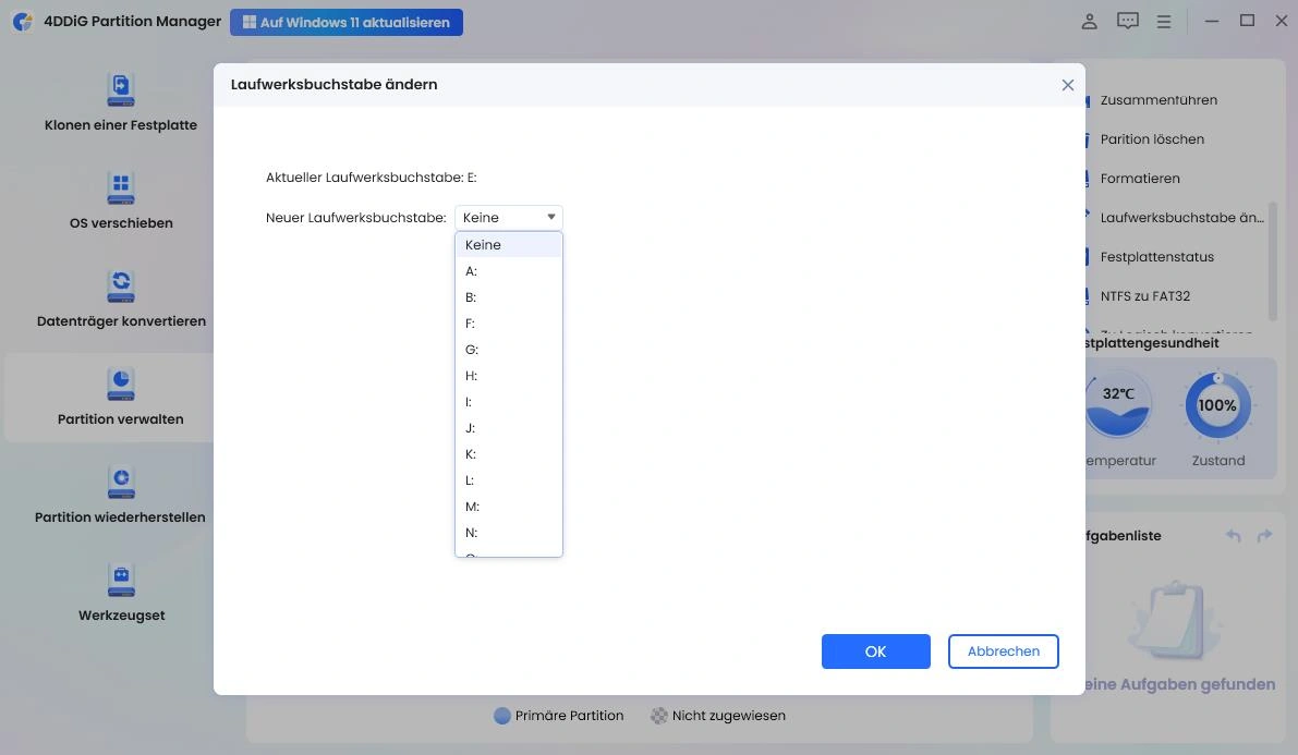 Wählen Sie einen neuen Laufwerksbuchstaben für die Partition