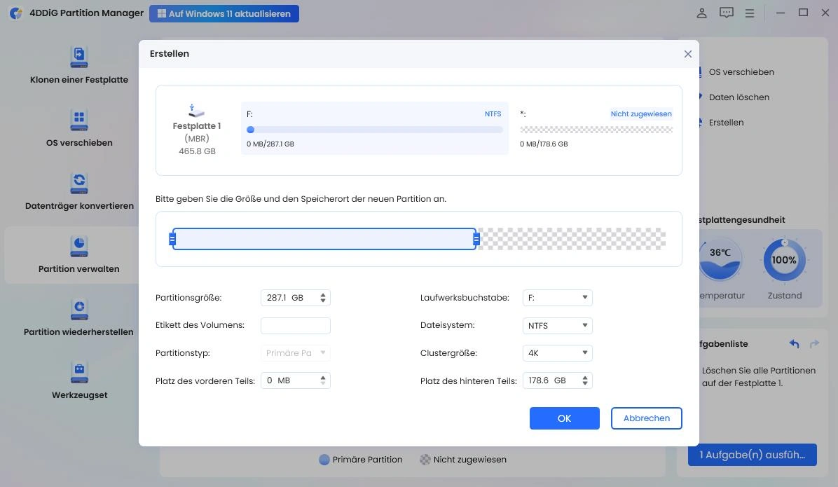 Legen Sie im Popup-Fenster die Parameter für die neue Partition fest