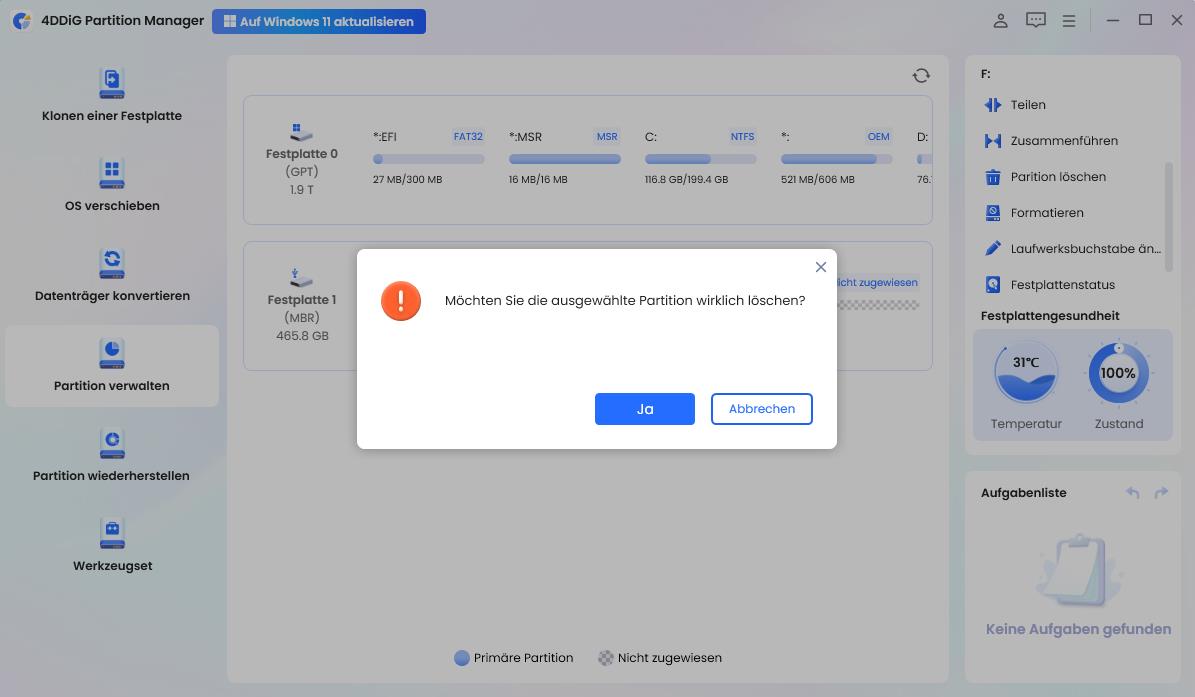 Partition löschen bestätigen