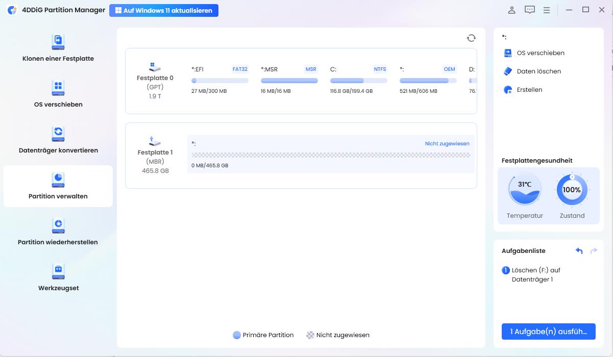 Löschvorgang der EFI-Systempartition mit 4DDiG Partition Manager ausführen