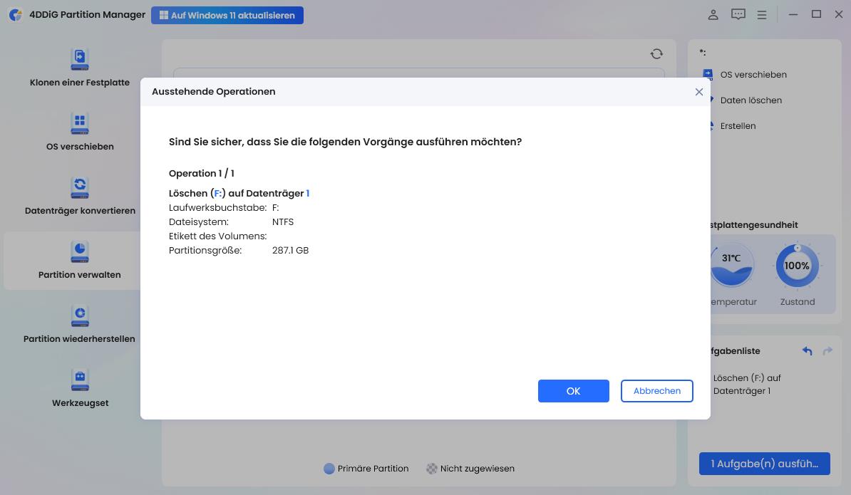 Nicht zugeordneten Speicherplatz nach dem Löschen der EFI-Partition prüfen