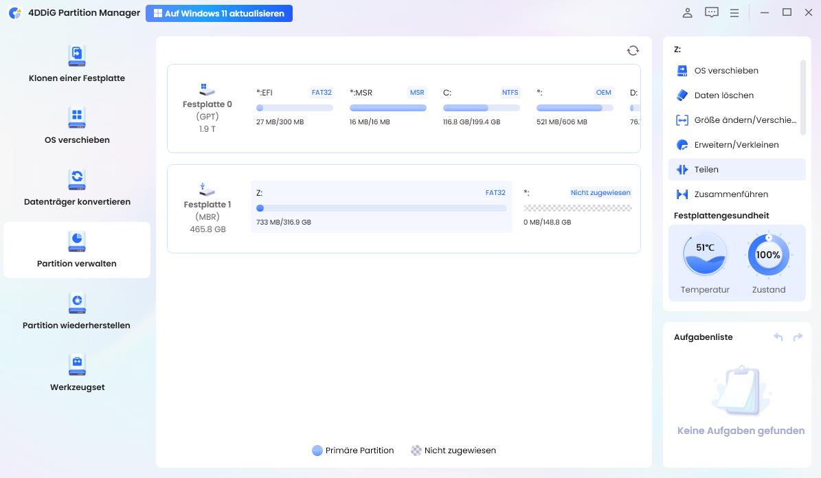 Partition zum Aufteilen auswählen