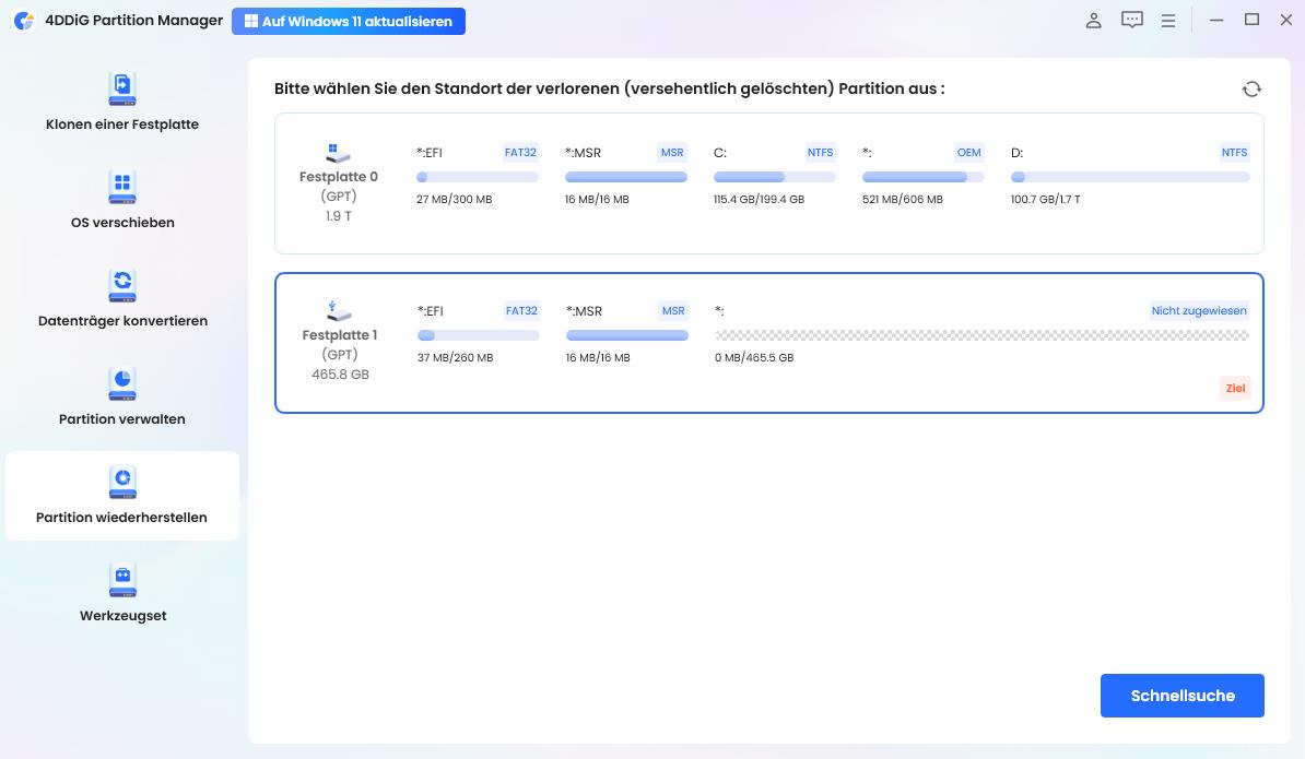 Schnellscan zur Partitionsrettung im Programm starten